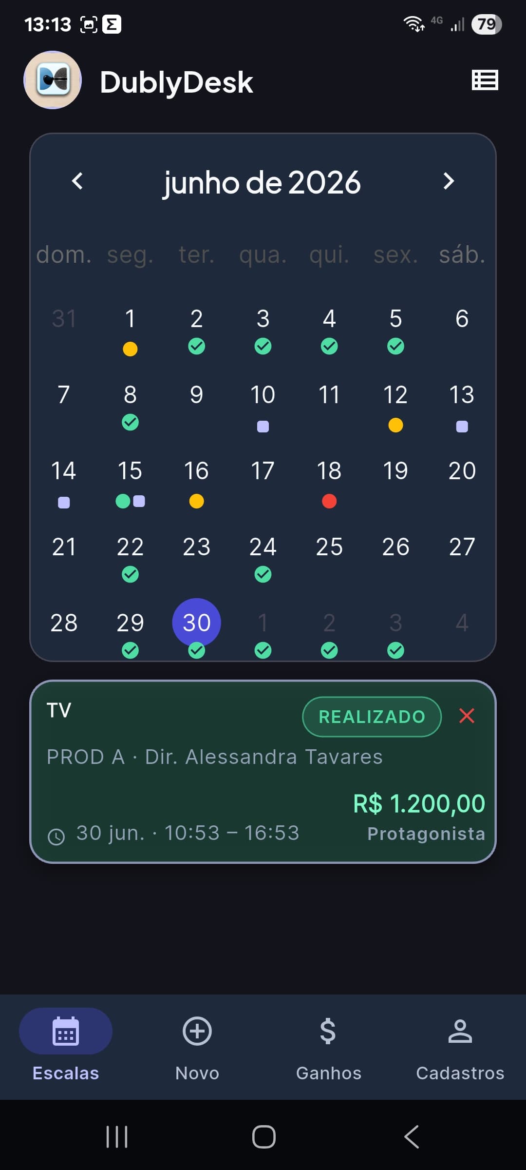 Tela de Escalas do app DublyDesk