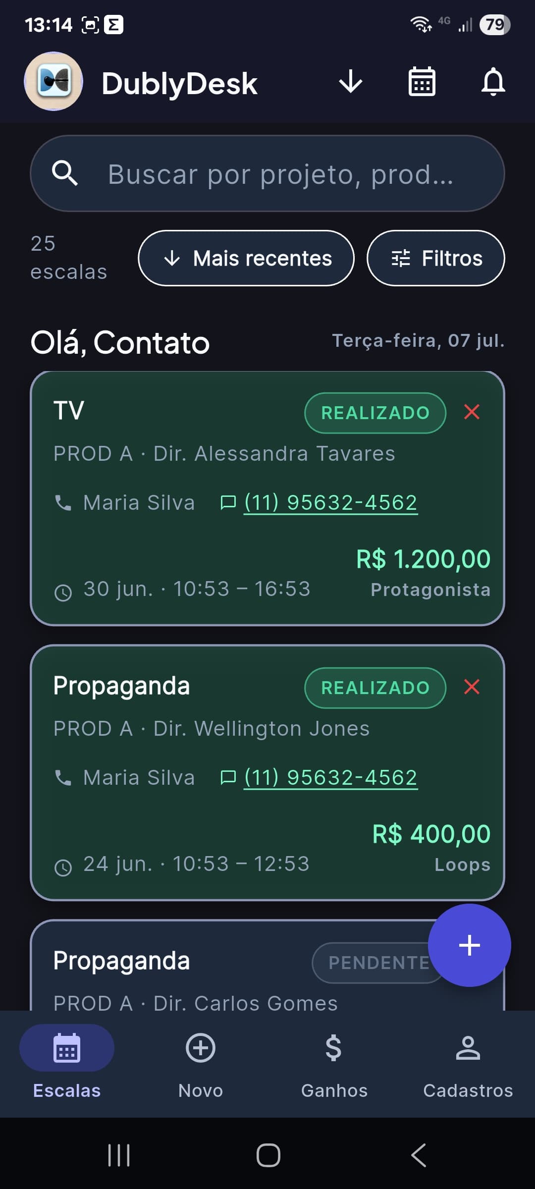 Tela de lista de escalas do app DublyDesk